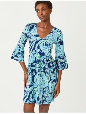 Lilly Pulitzer Jannie V-Neck Dress in High Tide Scuba Doo, Size M, NWT